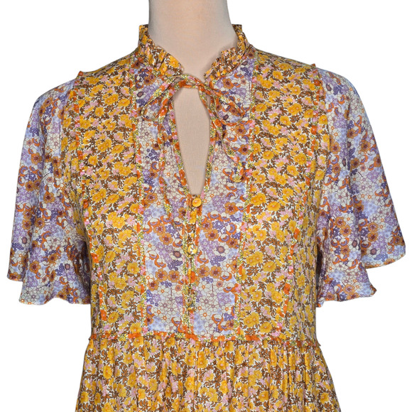 Maje Rissolette‎ Smocked Floral Print Dress Yellow Orange EU34/XS - Picture 3 of 13